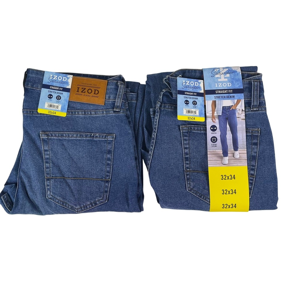 IZOD Saltwater Men's Straight Fit Stretch Denim Blue Jeans 32x34 NWT 2 Pair